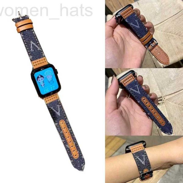 Diseñador de bandas de reloj Denim Canvas WatBands de cuero genuino para Apple WatStrap 38404142444549iWat3 4 5 SE 6 7 Series Band Designer Personality V Luxury D9X5