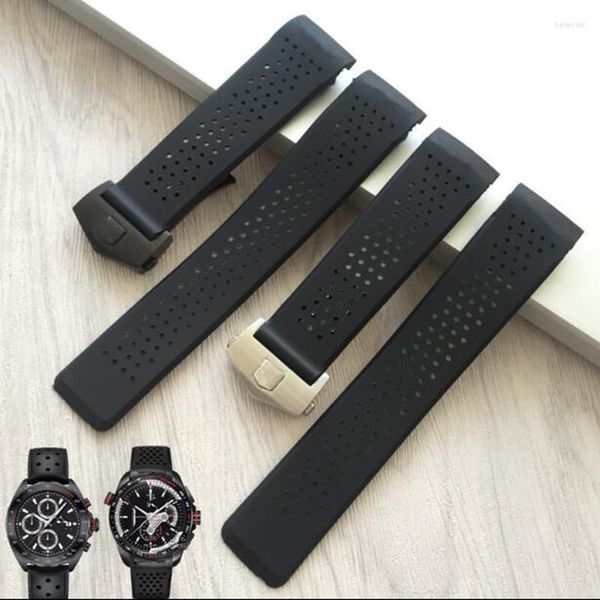 Bracelets de montres Bracelet de montre en caoutchouc de silicone poreux noir durable 22mm 24mm Boucle déployante Courroie d'extrémité incurvée pour TAG Grand Carrera avec logo Hele22