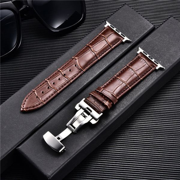 Bracelets de montre en cuir gaufré hommes bracelets de montre pour Apple Watch 8 7 6 SE 5 4 boucle papillon 45mm 44mm 42mm 41mm 40mm 38mm Business Watchband 230411