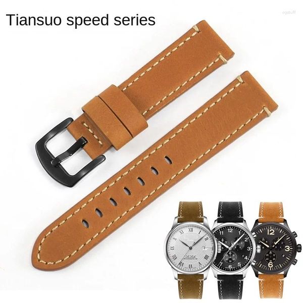 Bandas de reloj Correa de cuero retro esmerilada con sustituto Tianshuo Speed T116 Serie Interfaz plana Lona Cuero de vaca Correa de reloj 18/20/22/24 mm