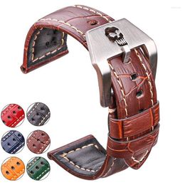 Bracelets de montres Bracelets de montres en cuir véritable 22mm 24mm Bracelet épais Noir Marron Orange Horloge Ceinture Bracelet Crâne Boucle Creuse ForWatch Hele22
