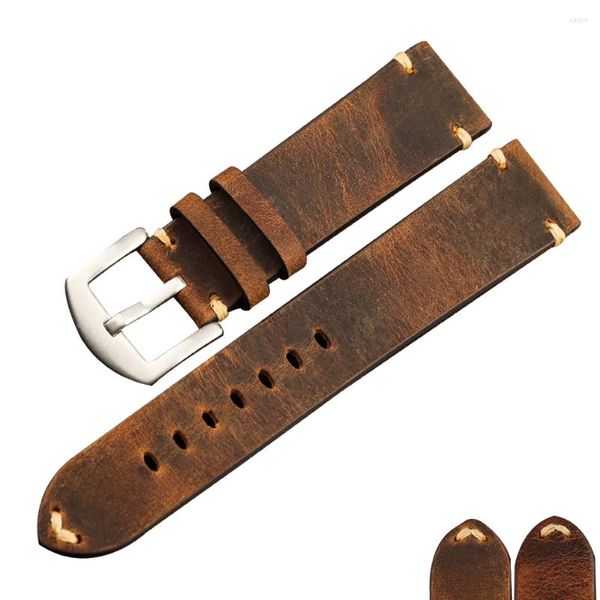 Bandas de reloj Hecho a mano Crazy Horse Leather Watchband 18 19 20 21 22 mm Retro Primera capa Correa adecuada para relojes militares