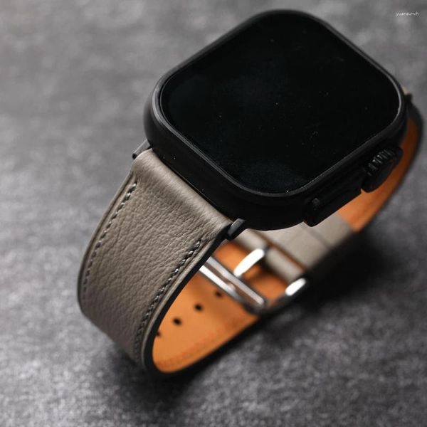 Mira las bandas Correa de piel de cabra francesa hecha a mano para Apple Ultra2 S9 S8 49 44 45 mm Soft Genuine Leather Pulsera de cuero Elefante Negro