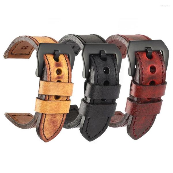 Bracelets de montre faits à la main en cuir véritable bracelets de montre hommes femmes Bracelet 20mm 22mm 24mm Bracelet Vintage avec boucle noire