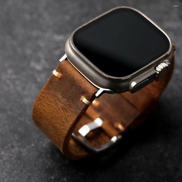 Bandas de reloj Capa de cabeza hecha a mano Correa de cuero de cuero Color marrón para Apple Ultra 49mm 42mm 44mm Hombres engrosados genuinos