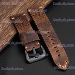 Bracelets de montre Bracelet en cuir fait à la main 20 22 24 26MM tête de crâne en X noir-marron décoré bracelet en peau de vache pour hommes adapté au bracelet militaire T240227