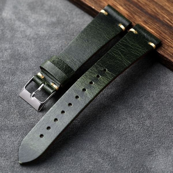 Bands de montre à la main Band de montre à la vache huile 18 19 20 21 22 mm Green Vintage Men Ultra-Thin Leather Bracelet Retro Style 230817