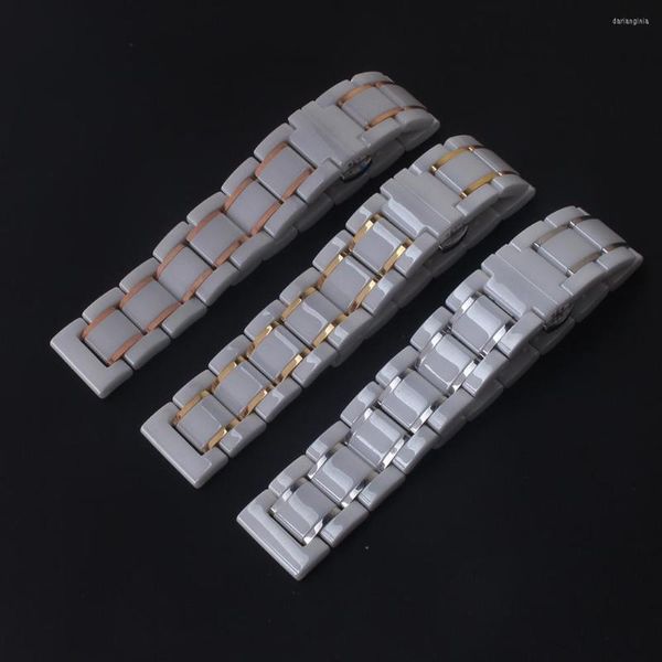 Bracelets de montres Bracelet de montre de haute qualité en céramique blanche avec argent or Rosegold Montres Accessoires 20mm 21mm 22mm 23mm 24mm Bracelets pour hommes Ladys