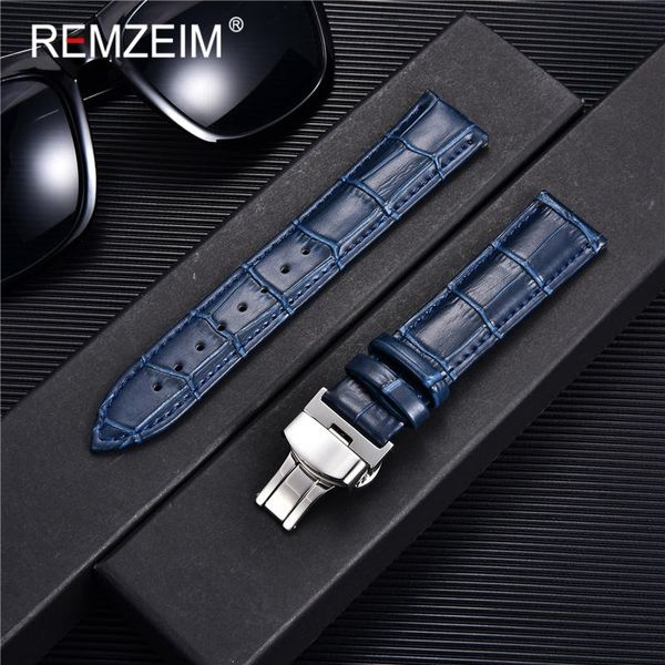 Bracelets de montre REMZEIM motif bambou bracelet en cuir véritable première couche bande de cuir de vachette 18202224mm avec boucle papillon en acier 230506