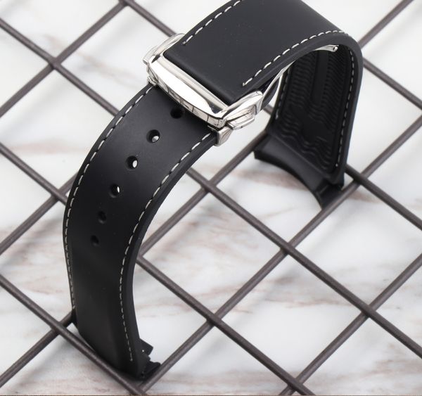 Bands de montres Bouetche noire en caoutchouc Ligne blanche 19 mm 20 mm 21 mm 22 mm pour le bracelet de créateur de haute qualité de montre Desinger avec logo sur fermoir