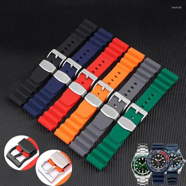 Bracelets de montre Bracelet en silicone de sport avec anneau de casier de gardien de bande en acier inoxydable pour la plongée étanche Bracelet en caoutchouc 20mm 22mm