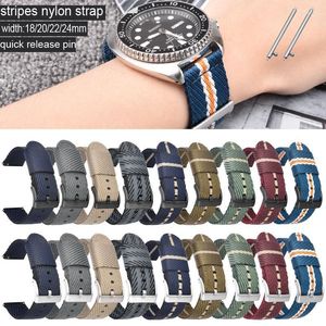 Horloge banden strepen weven nylon band 18 mm 20 mm 22 mm 24 mm riemspolband riem zwarte zilveren gesp met snelle release pins hele22