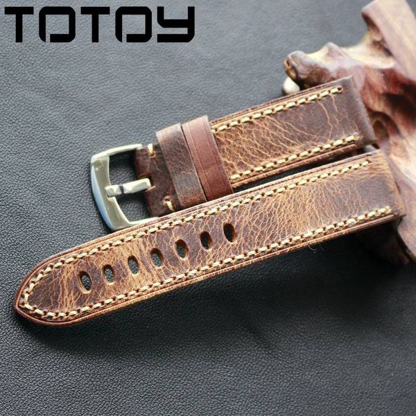 Bracelets de montre TOTOY fait à la main huileux rétro Crazy Horse bracelets de montre en cuir 20MM 22MM bracelet de couture à la main de Style doux et rugueux 230825