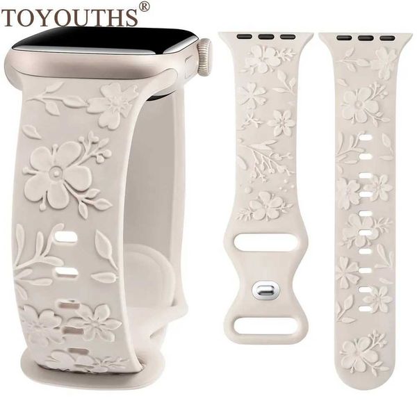 Bandes de montre Toyota Watch Boucche à fleurs en relief 41 mm 40 mm 38 mm Blossom Blossom Womens Silicone Strap Iwatch 9/8/7 / SE / 6/5/4/3/2 240424