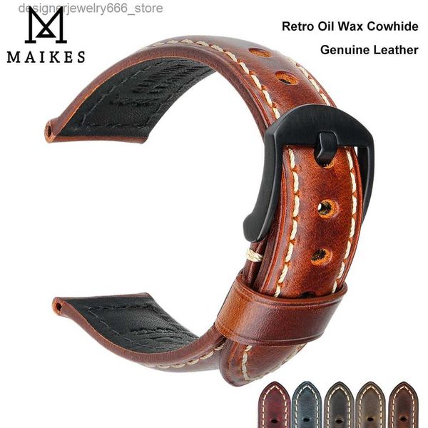 Bandas de reloj Correa de cuero genuino de cera de aceite vintage 18 mm 20 mm 22 mm 24 mm Bandas negras marrones para Samsung Galaxy Band Pulsera Q231212