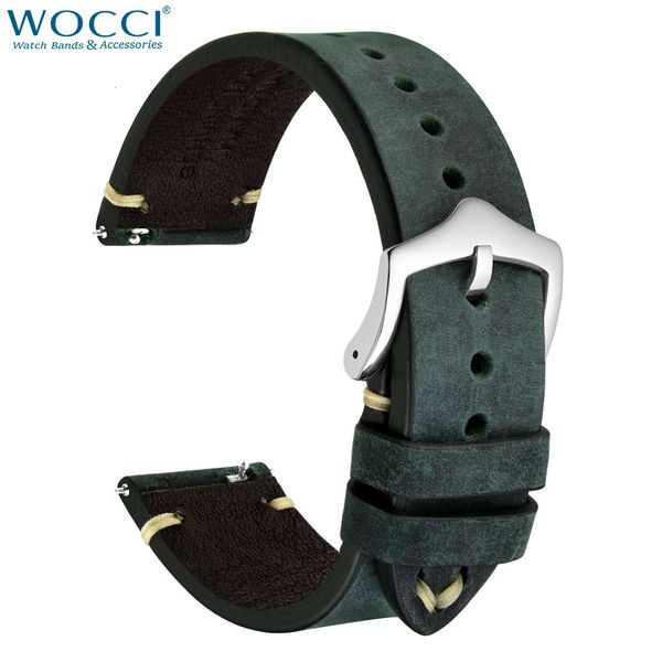 Bands de montre wocci Crazy Horse Leather Getine Cuir Cowhide Watch Band 18 mm 20 mm 22 mm Bracelet pour hommes WatchBand Black Green Brown Tan 230817
