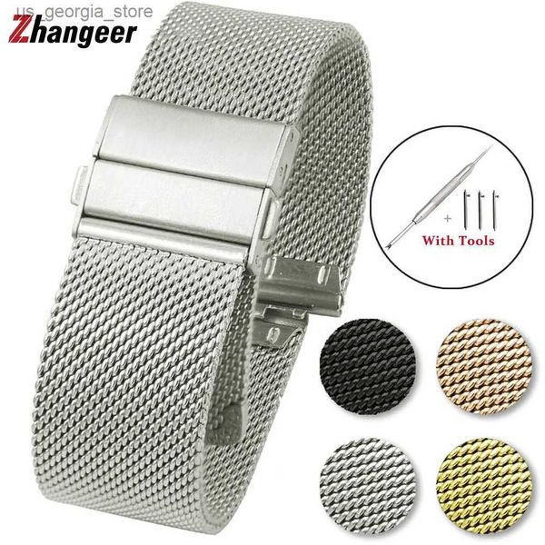 Bracelets de montre Zhangeer bracelet milanais à dégagement rapide bandes de maille en acier inoxydable 16mm 18mm 20mm 22mm avec fermoir papillon à double pression Y240321