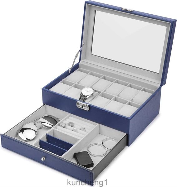 Mira la caja de joyería de la joyería del organizador de relojes de reloj 12 para hombres con Lock and Keys Royal Blue