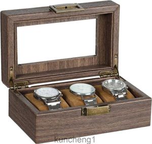 Boîte de montre 3 machines à sous Organisateur de boîtier d'affichage pour les hommes pour le boîtier de rangement de montres avec des conceptions en fibre de carbone Boîte de tiroir à bijoux avec dessus en verre et verrouillable Brown