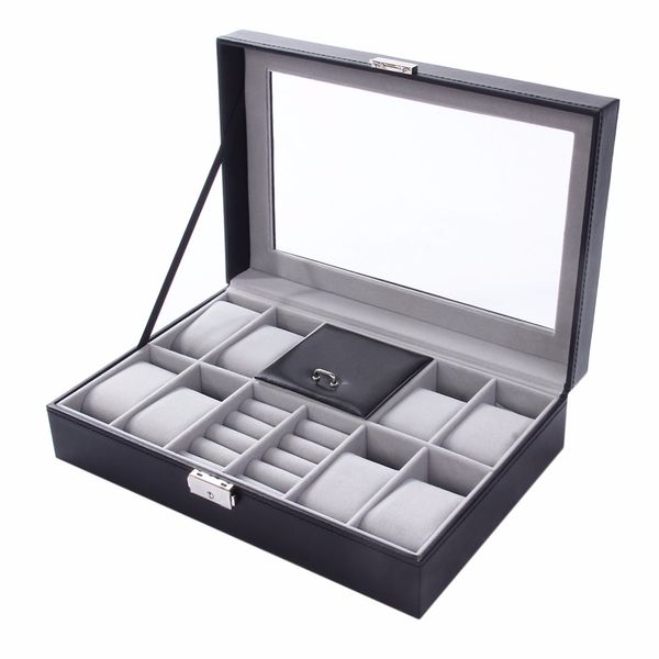 Caja de reloj 8 + 3 rejillas mixtas 30*20*8cm cuero gamuza interior palabra hebilla almacenamiento joyería anillo exhibición almacenamiento hombres caso superior nuevo