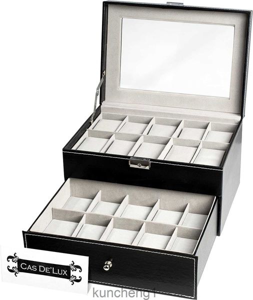 Mira la caja de almohada del organizador de la caja 20 tragamonedas de exhibición premium con tapa de vidrio enmarcada costura elegante de contraste cerradura resistente y segura para hombres y mujeres Reloj y joya