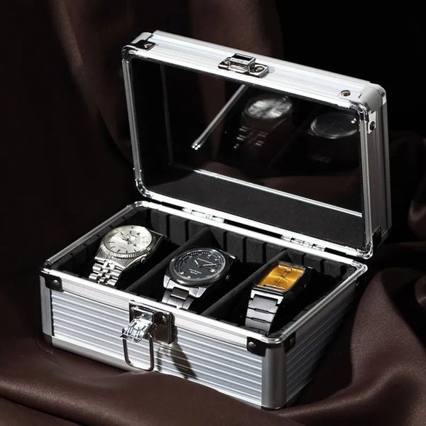 Boîte de montre Organisateur Transparent En Alliage D'aluminium Mode Stockage En Métal Portable Avec Oreiller Absorption des Chocs Partition Mobile 240119