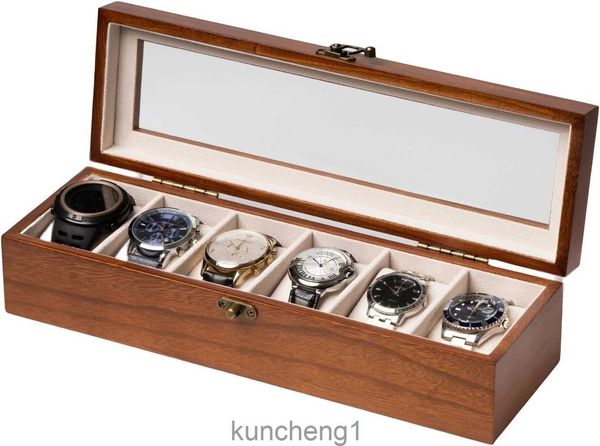 Boîte de montre Box Watch pour hommes Femmes avec grand couvercle en bois Boîte de rangement affichage de montre en bois avec 6 - Slots Retro Burlywood Mens Watch Box Organisateur pour cadeau