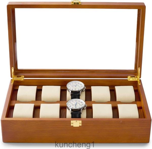 Mira la caja de relojes de madera de madera Organizador de la caja de relojes con tapa acrílica 10 cuadrículas de relojes con almohadas extraíbles (beige)