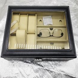 Caixas de relógios 10 grades/12/6 óculos armazenamento display caixa de presente de couro preto