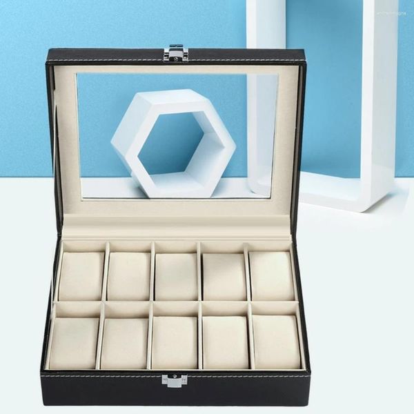 Cajas para relojes, caja de almacenamiento de cuero con 10 rejillas, tablero compuesto de vidrio fino, joyería Artificial, pulsera, organizador de exhibición, caja para anillos