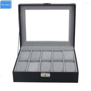 Cajas de reloj, caja de fibra de carbono con 10 ranuras, caja de almacenamiento para exhibición de joyas con llave de bloqueo y ventana de visualización, suministro personalizado Xinlu