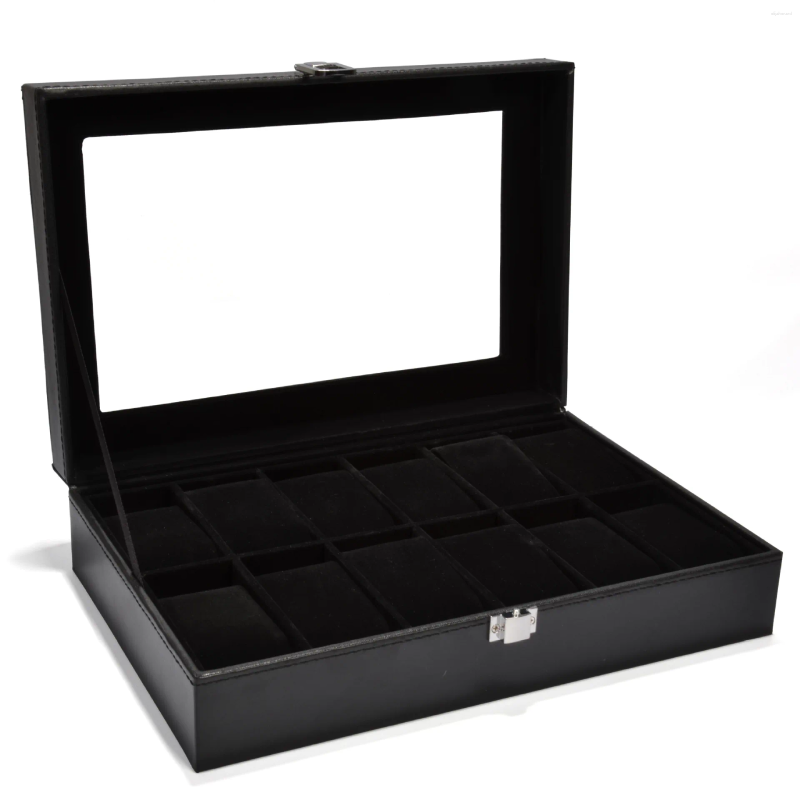 Obejrzyj pudełka 10 gniazdek organizator dla menwomen - czarny uchwyt ze sztucznej skóry z aksamitnymi podszewkami zegarami wyświetlacz