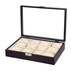 Bekijk dozen 12 slots luxe houten vitrine Case 2022 Premium sieraden organisator met glazen top en vergrendeling van gesp voor mannen vrouwen