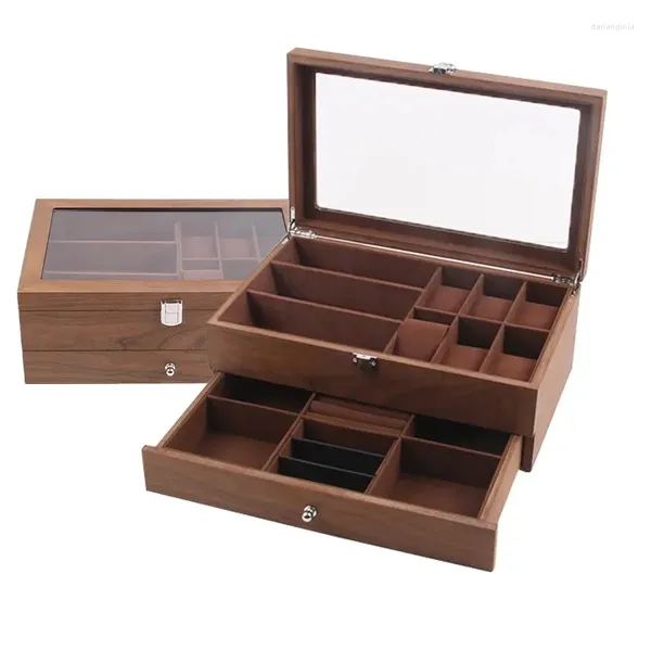 Cajas de reloj con 12 ranuras para hombre, organizador de madera de nogal, joyero, estuche para gafas, pendientes, anillo, colgante, ataúd de exhibición