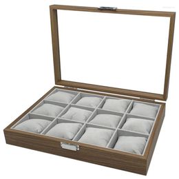 Bekijk dozen 12 slots Organisator Walnut Watches Holder Storingsweergave Case Silk katoenen kussen Acryl Glas HOUTEN DOOS