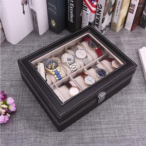 Horloge Dozen 2/4/6/8/10 Grids Lederen Doos Vitrine Houder Zwart Opslag glas Sieraden Organizer Voor Mannen Vrouwen Gift