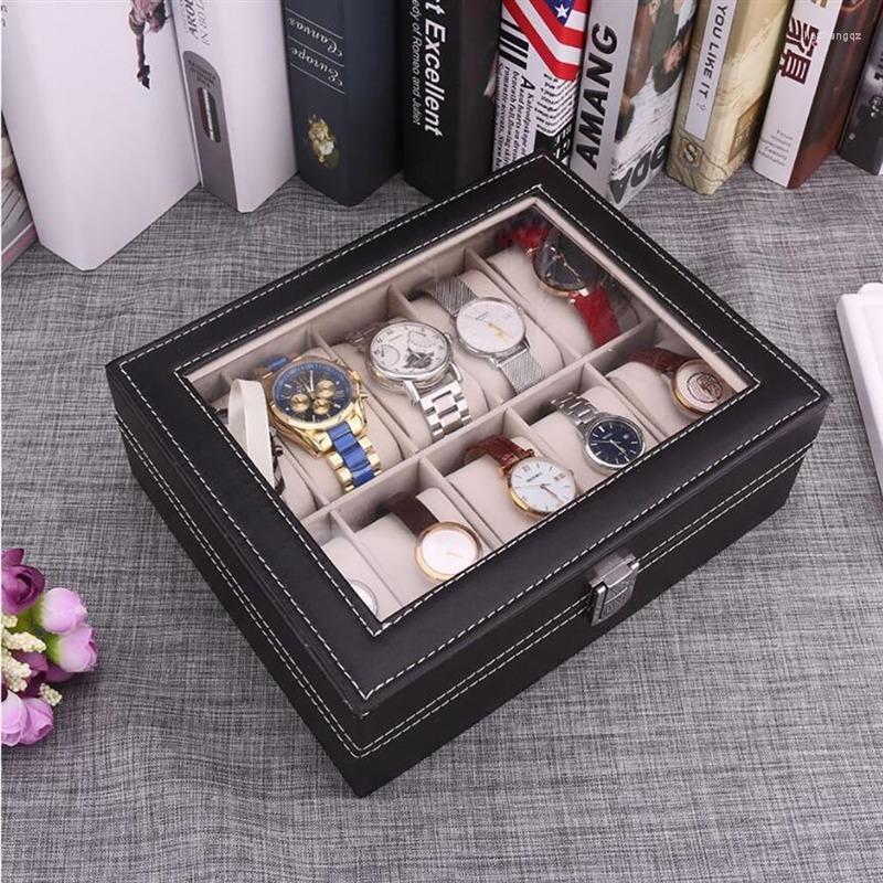 Watch Boxes 2/4/6/8/10 Grids Leather Box Display Case Holder Black Storage Glass Jewelry Organizer For Men & Women Gift