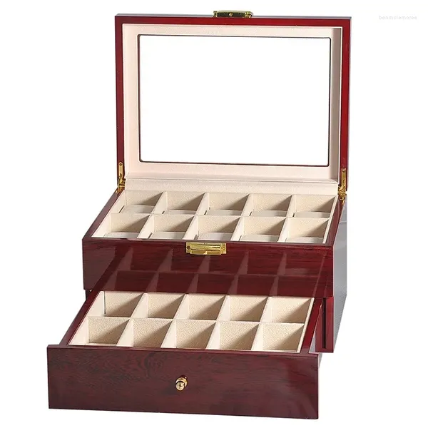 Boîtes de montres à 20 emplacements, boîte de luxe à Double couche, organisateur de laque de Piano, présentoir de rangement de bijoux en bois massif pour hommes et femmes