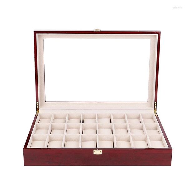 Boîtes à montres à 24 fentes, boîte en bois laquée rouge vif, organisateur de luxe, grand présentoir de bijoux, rangement d'oreillers, étui cadeau en bois