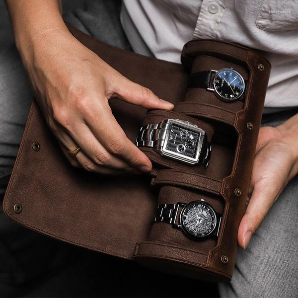 Cajas de reloj 3 ranuras rollo de lujo Crazy Horse estuche protector de cuero para hombres relojes de viaje organizador exhibición bolsa de almacenamiento de joyas