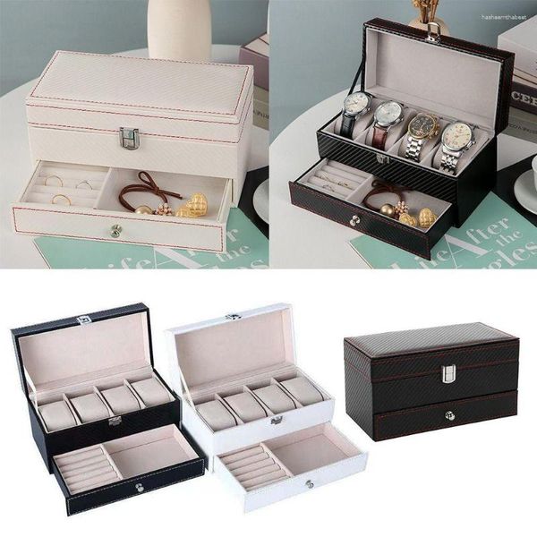 Cajas de reloj, 4 rejillas, fibra de carbono, regalo de cuarzo, almacenamiento de joyas, caja doble, organizador de exhibición