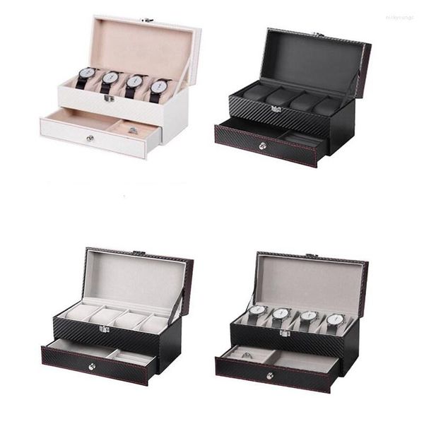 Boîtes de montre 4 grilles PU Double couche boîte en Fiber de carbone support de boîtier organisateur bijoux pour mariage décoration cadeau