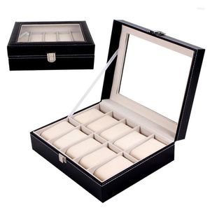 Boîtes de montre 5/6/10 grilles boîte grand hommes noir PU cuir vitrine bijoux organisateur stockage Caja Para Relojes montres
