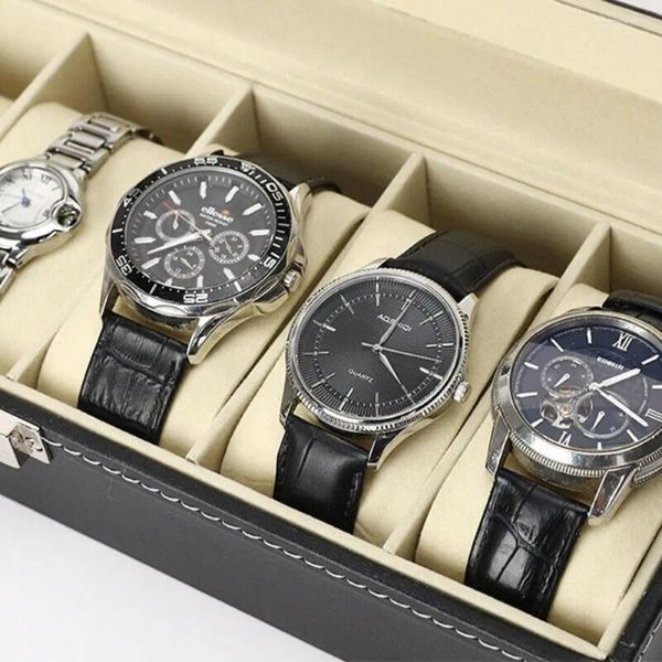 Boîtes de montre 6 10 12 Boîte de grille Luxury Pu Leather Black Rangement Bijoux Emballage Affichage