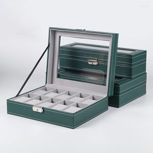 Boîtes de montre 6/10/12 fentes PU cuir boîte organisateur étui support stockage verre bijoux multi-fonctionnel Bracelet vert affichage