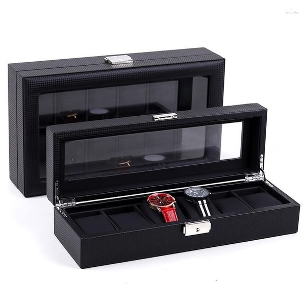 Boîtes de montre 6/12 fentes en cuir PU noir porte-boîte étui mode bijoux Organisation verre haut affichage cadeau