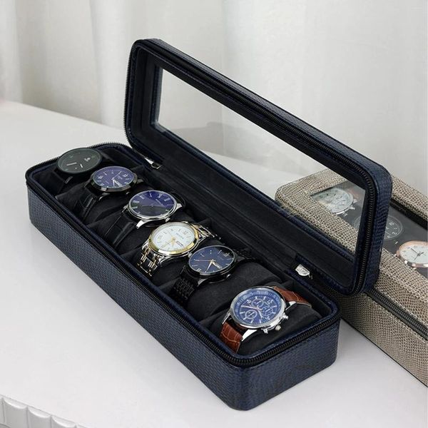 Boîtes à montres 6 grilles, étui de voyage portable, organisateur de rangement, support de la boîte, horloge, vitrines de bijoux