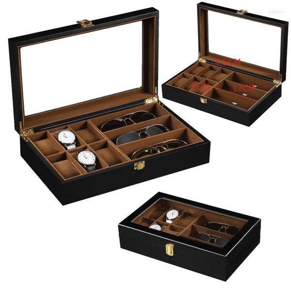 Cajas de reloj 6 Plus 3 rejillas caja de gafas de reloj de madera negro marrón almohada mate pintura en aerosol estuche organizador para sostener la pantalla