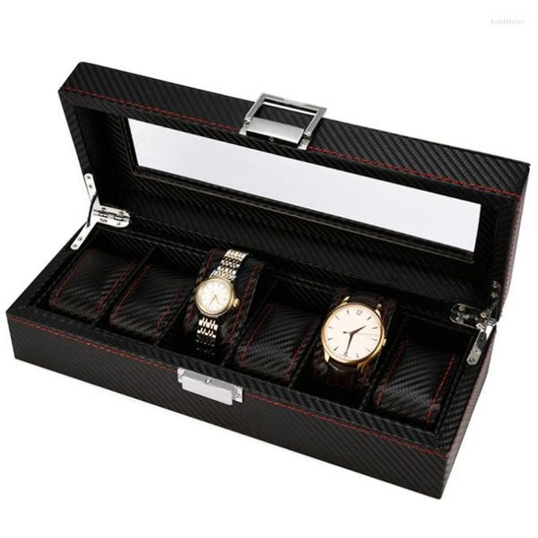 Cajas de reloj con 6 ranuras, caja de exhibición de madera negra de fibra de carbono, organizador de joyería con tapa de vidrio