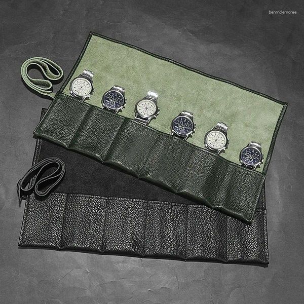 Cajas de reloj 6 ranuras Bolsas de almacenamiento de cuero Bolsa enrollable Pantalla de viaje portátil Inteligente para hombres